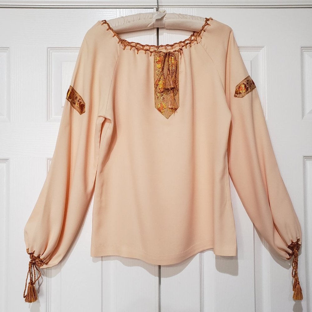 Vintage 1970s Peasant Shirt Gold Trim, Tassel Drawstrings, Small - Picture 1 of 8